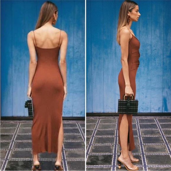 Cult Gaia Honey Dress in Clay Brown/Orange Amber Ruched Knit Knotted, Size XS - Picture 3 of 11